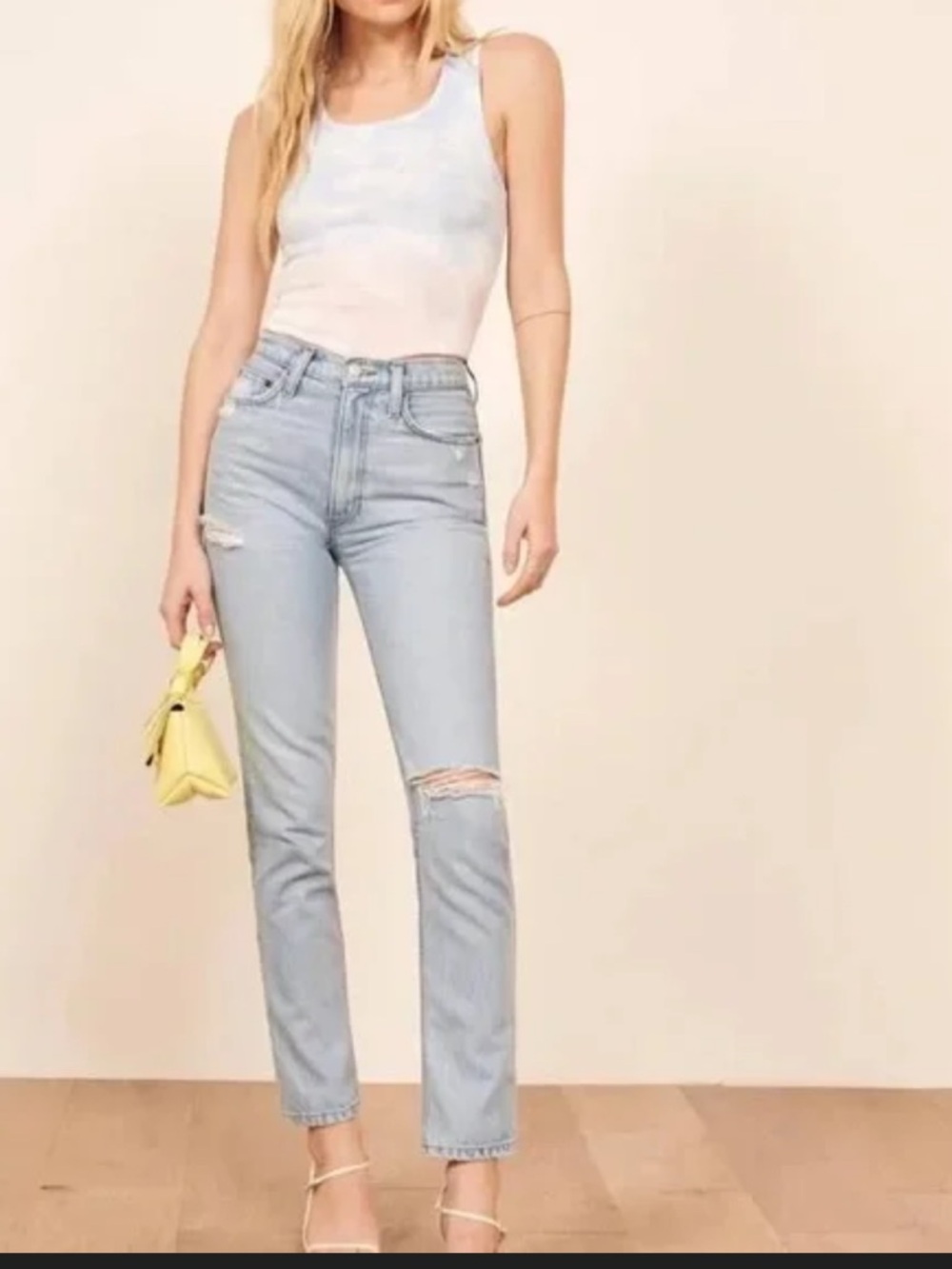 Reformation Stevie Ultra High Rise Jeans Tahoe Destroyed Distress Light Wash 25